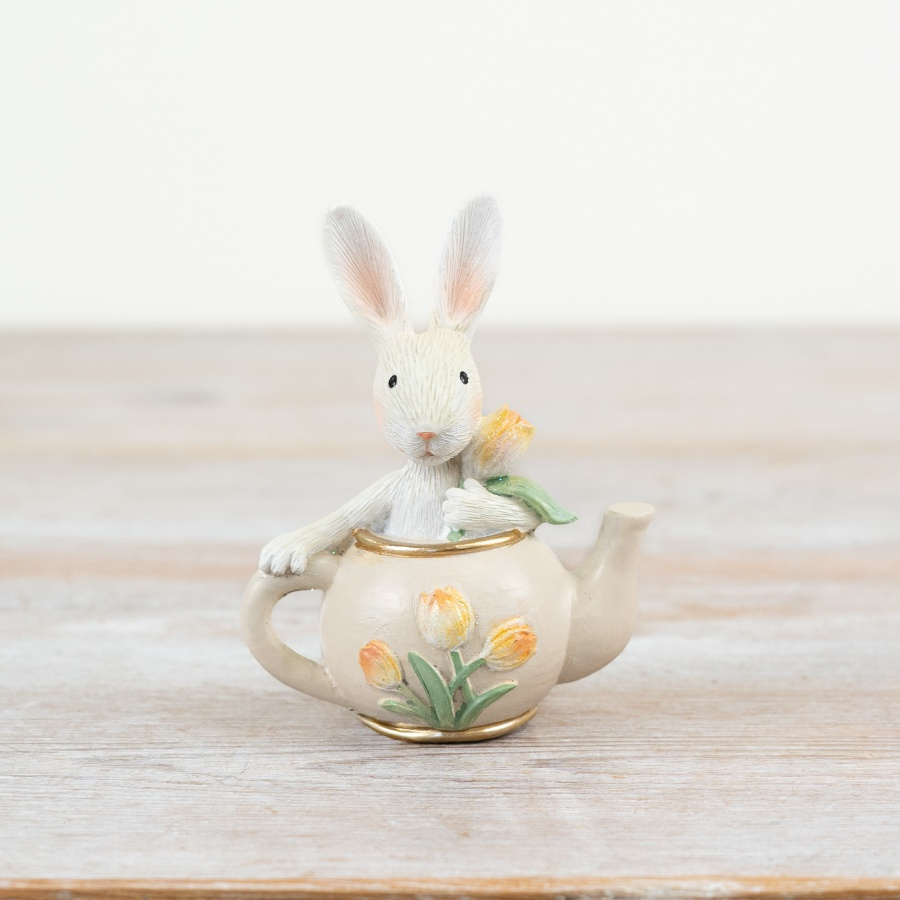 Golden Rabbit Kitchen Tea Pot Rabbit Tea Pot Ornament, 10cm - Cozy Country Gifts